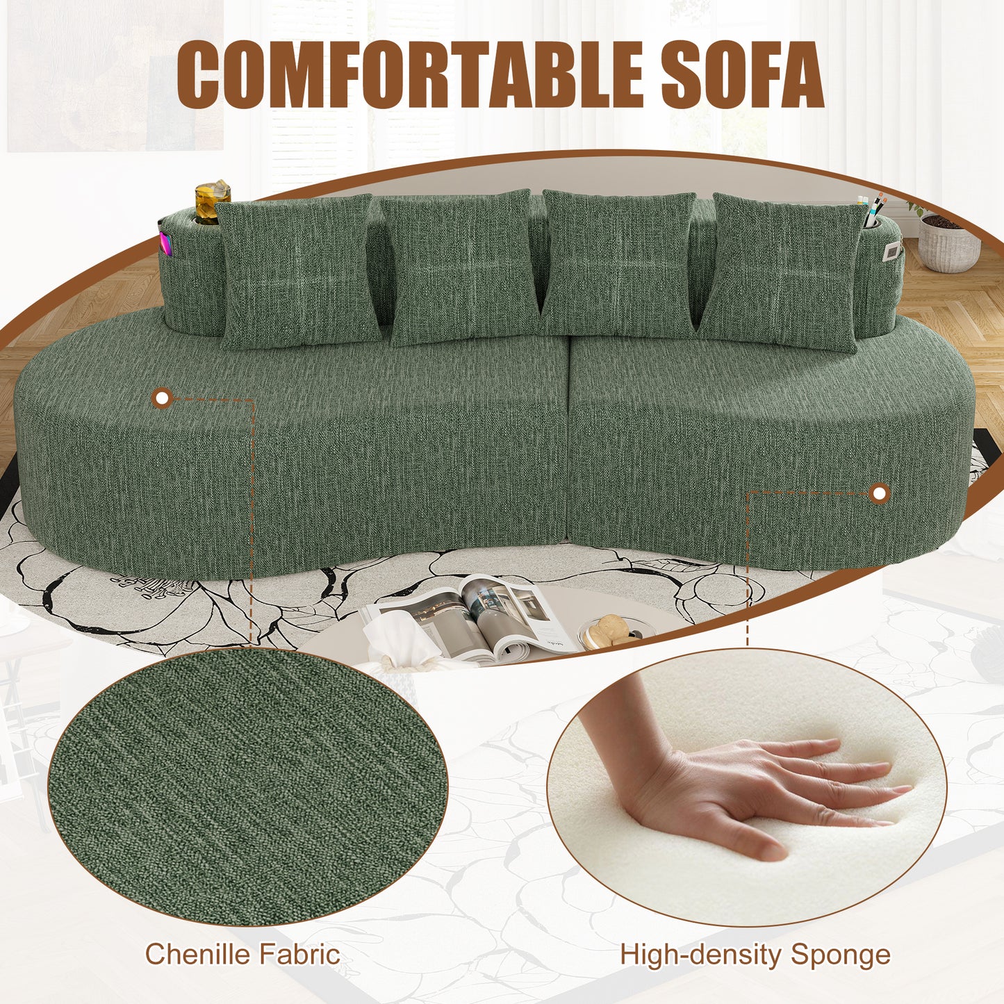 Modern Curved 3-Seat Sectional Sofa - Elegant Half Moon Design, Green
