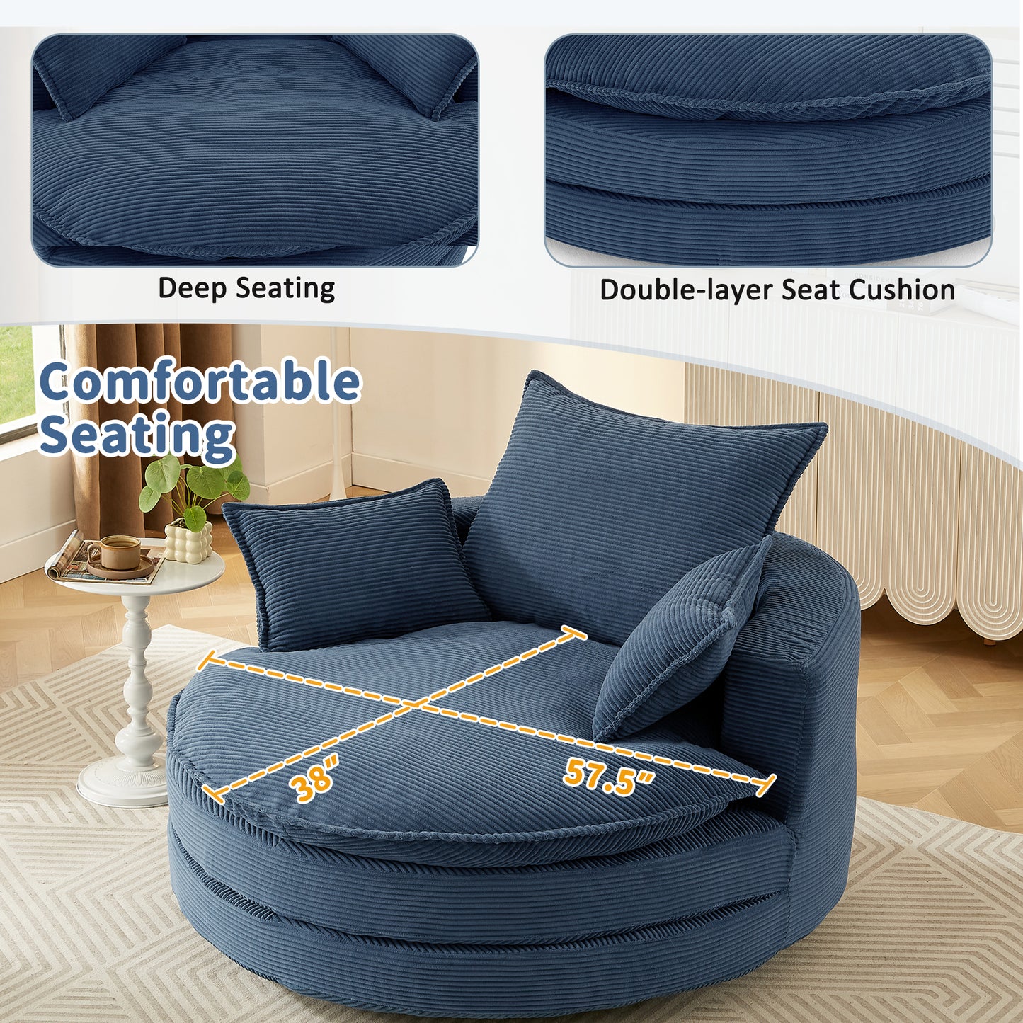 360° Swivel Accent Chair with Dual-Layer Cushion - Blue