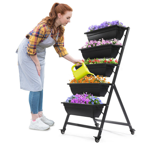 Black 5-Layer Vertical Garden Planter with Wheels - 65x60x130cm