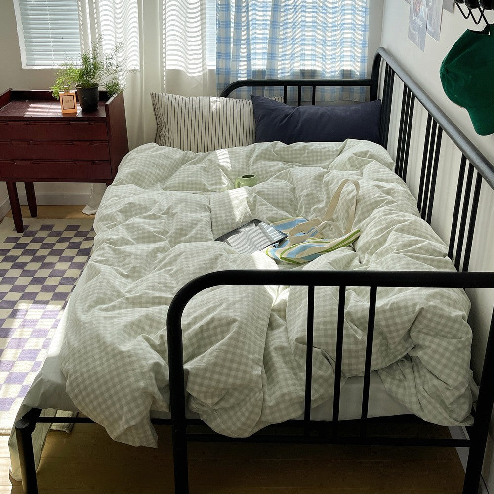 Fresh All-Cotton Checkered Bedding Set - Light Beige, 4 Pieces