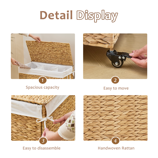 160L 3-Section Laundry Hamper With Lid And Wheels, Woven Natural