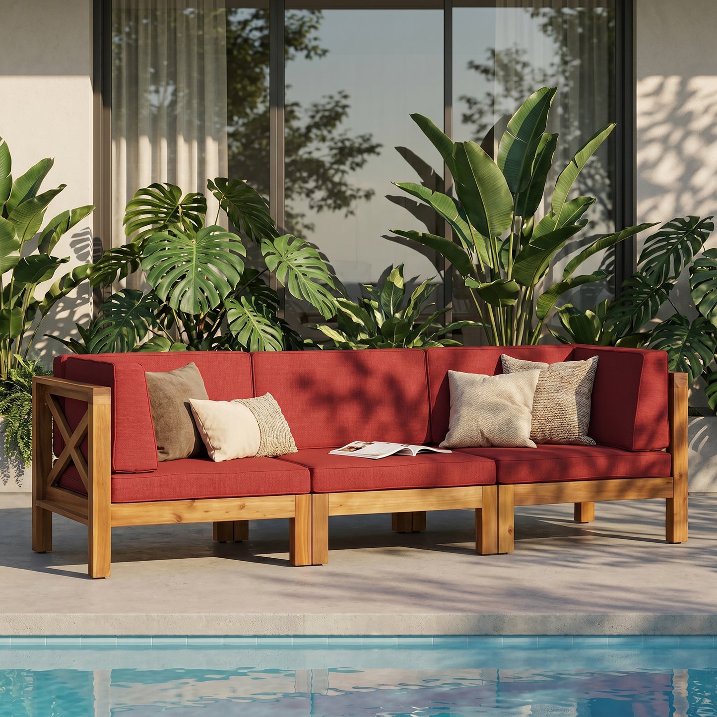 Outdoor Sectional Sofa Set - 3 Seater Acacia Wood with Red Cushions