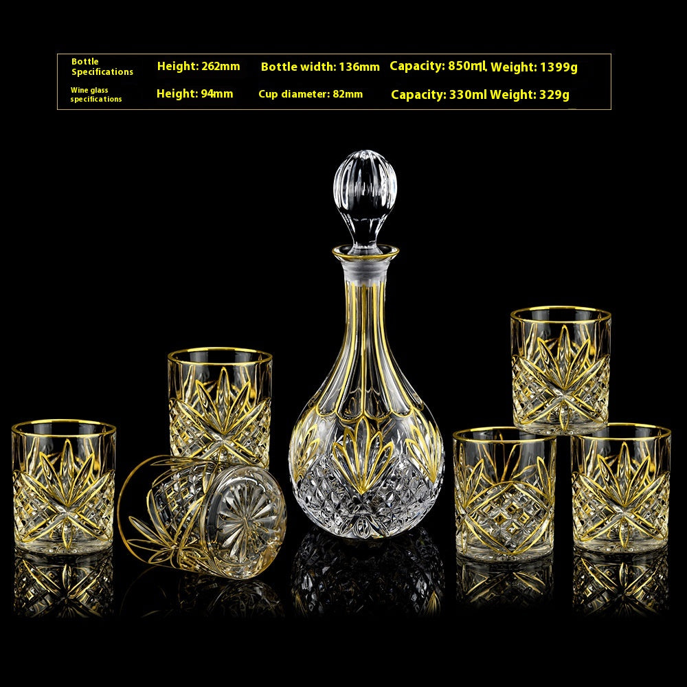 Crystal Glass Whiskey and Wine Set - Creative Gold Finish, 7-Piece Home Barware
