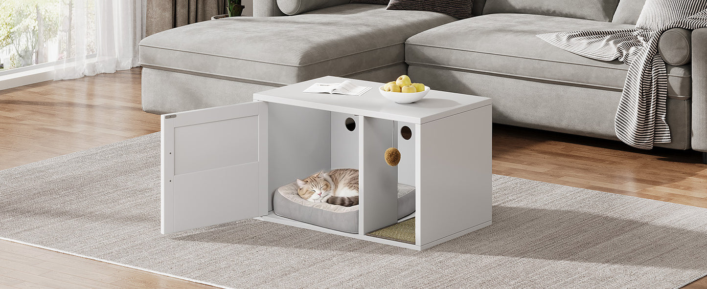 Multifunctional Cat Litter Box Cabinet with Odor Control & Side Table - White