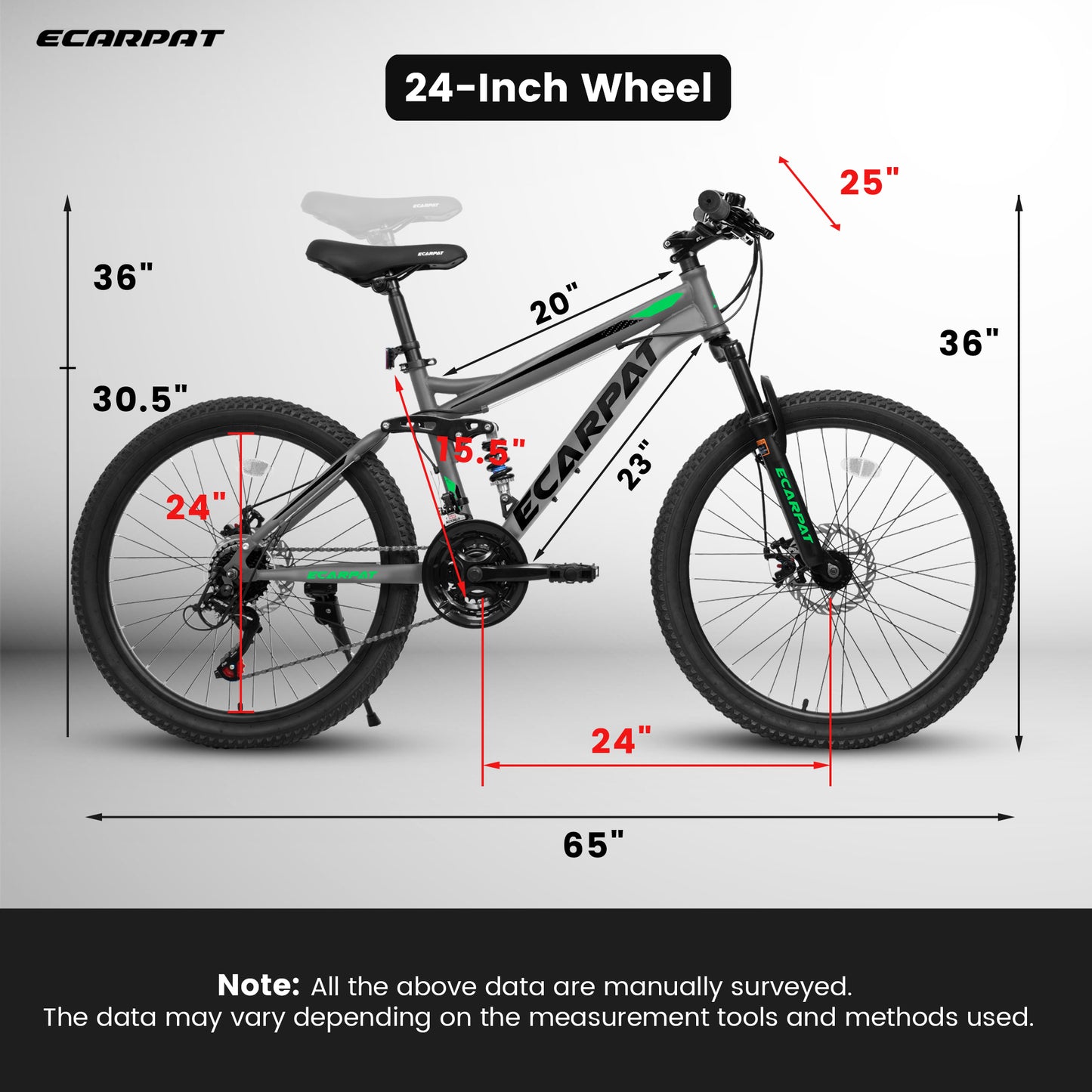 24 Inch Mountain Bike with Full Suspension & 21 Speed Shifter - Gray
