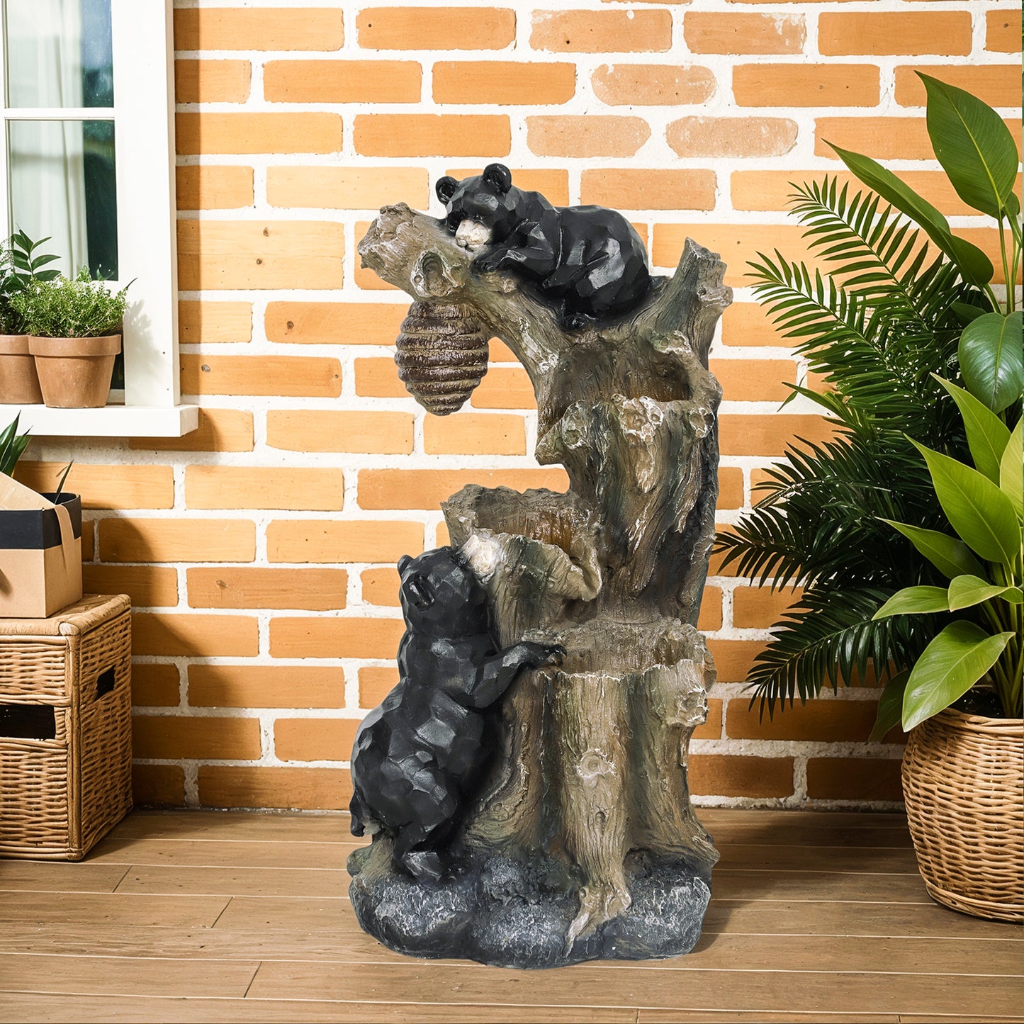 3-Tier Outdoor Fountain with LED Lights - Bear & Beehive Design