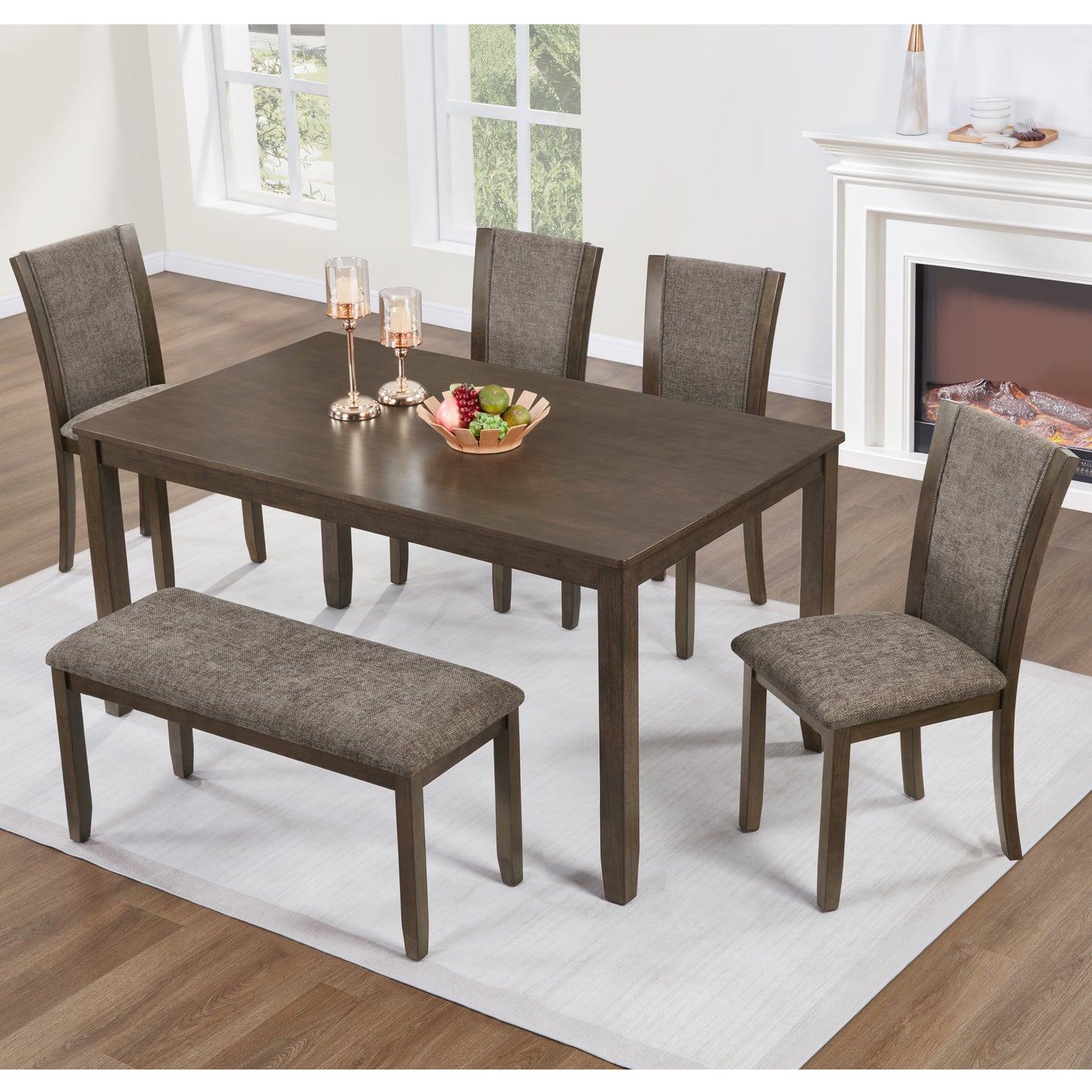 6-Piece Wooden Dining Table Set with Bench and Chairs - Dark Walnut