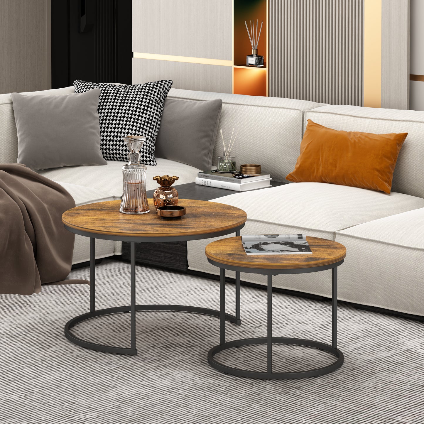 Nesting Coffee Table Set of 2 - Round Wood & Metal, Rustic Brown