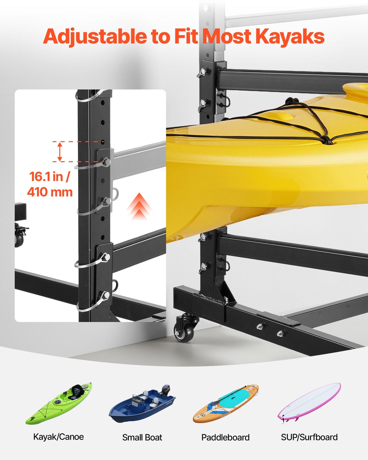 Heavy Duty Kayak Storage Rack for 3 Kayaks, Canoes & SUPs - Indoor/Outdoor Garage Stand with Lockable Wheels