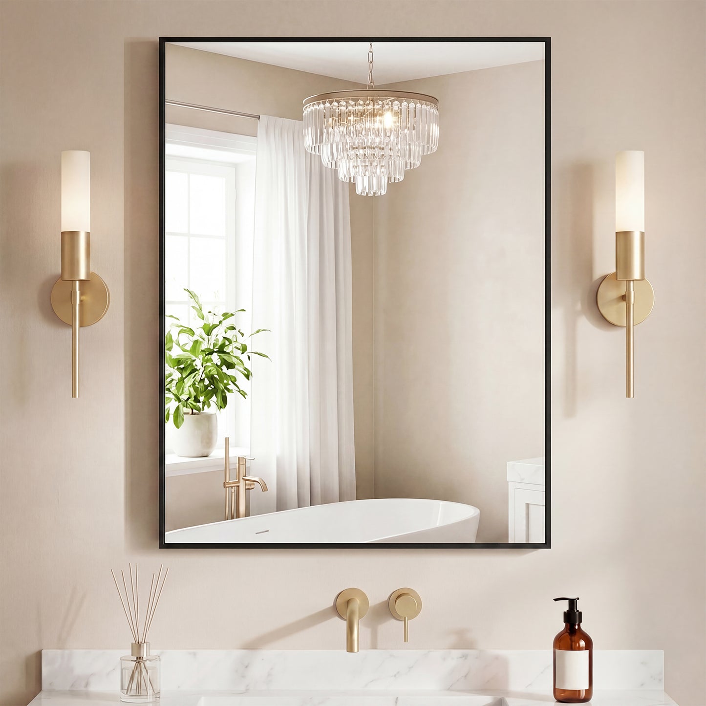 Bathroom Mirror, With Brushed Aluminum Frame, Rectangular Design,