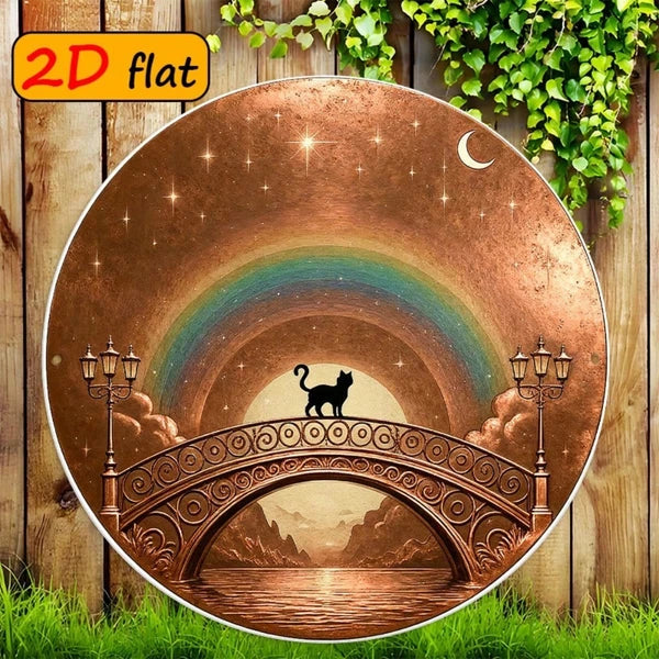 Cat Metal Wall Art Sign - Black Cat on Arch Bridge with Rainbow Sky