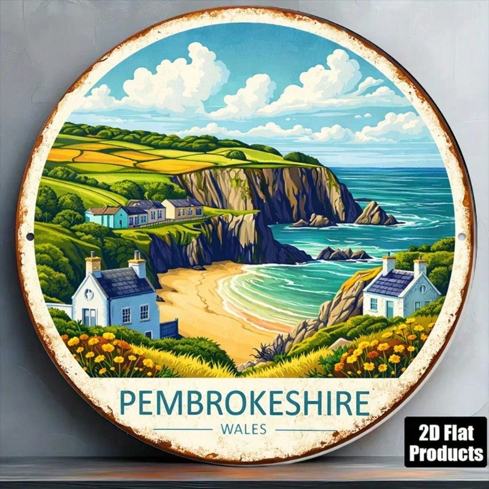 Vintage Cottage Landmark Round Wall Sign - Pembrokeshire Wales