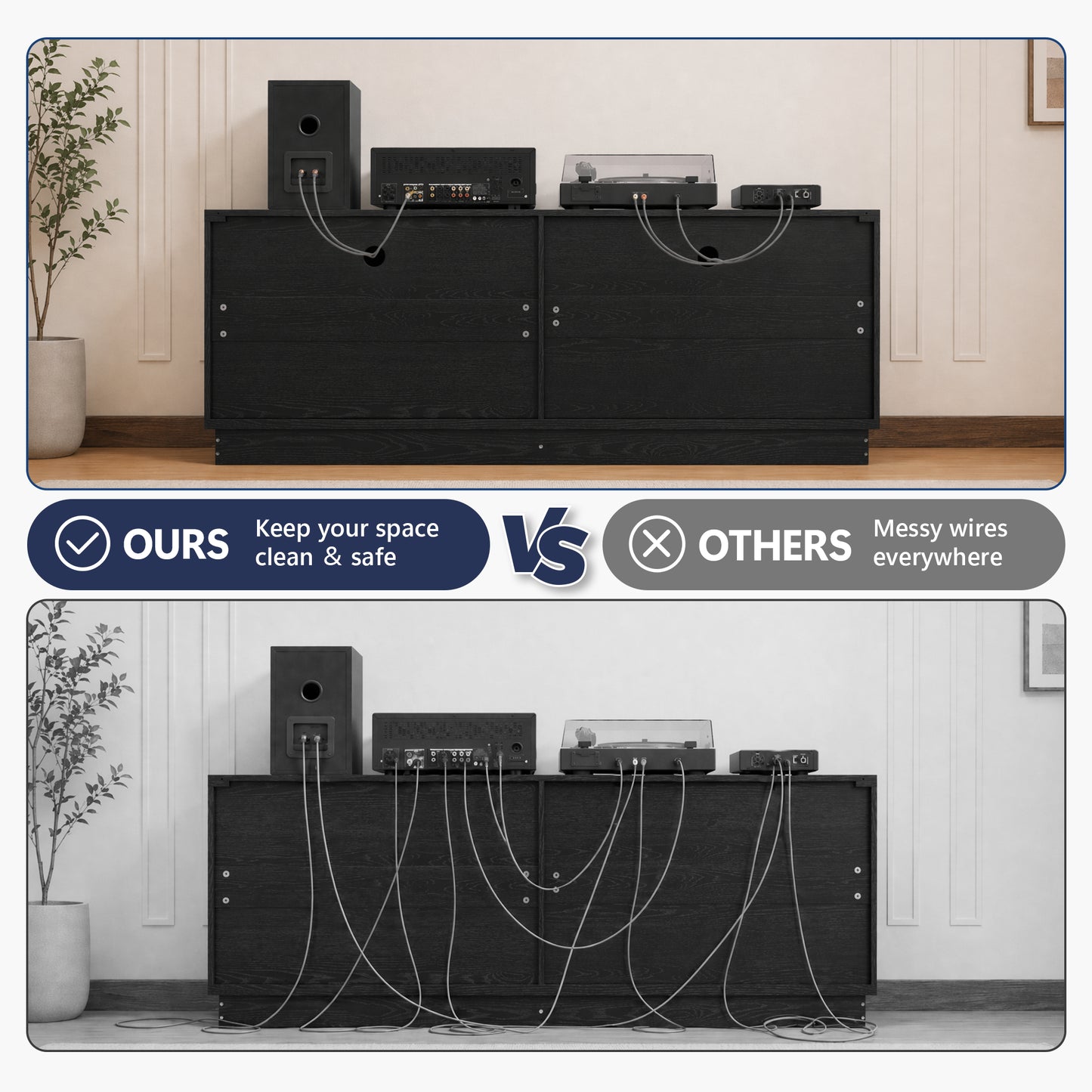 63 Inch Black TV Stand with 4 Storage Doors - Modern Media Console