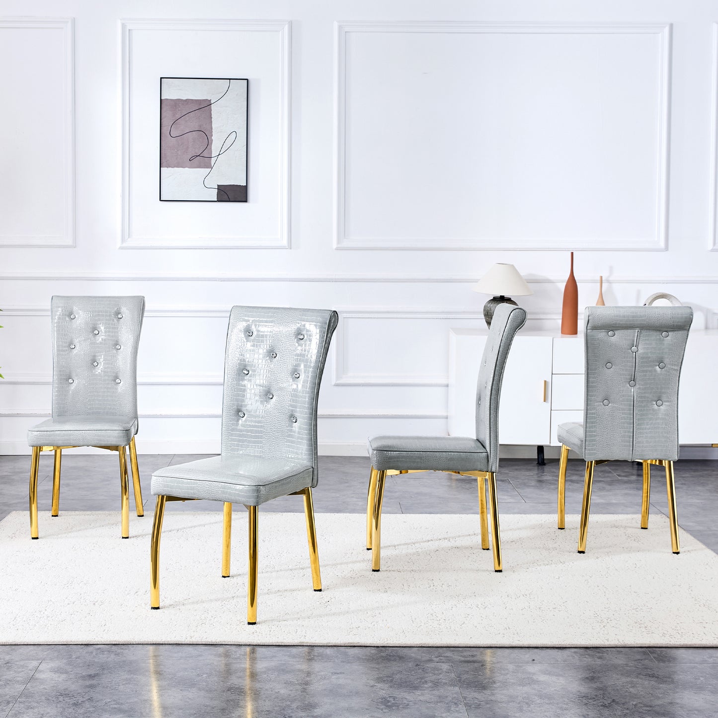 Set of 4 Gray and Gold Vintage Cushioned Dining Chairs - Elegant Design