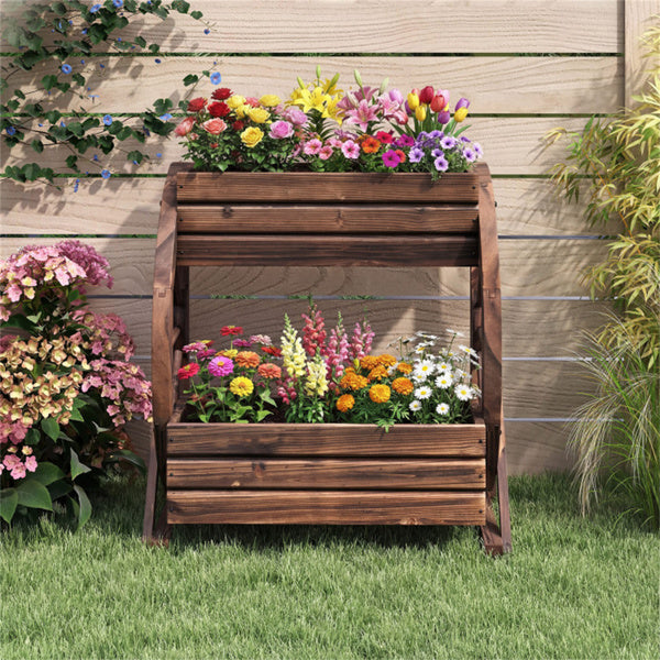 2-Tier Vertical Raised Garden Bed with Burned Finish - Rustic Wooden Planter for Weddings and Garden Decor