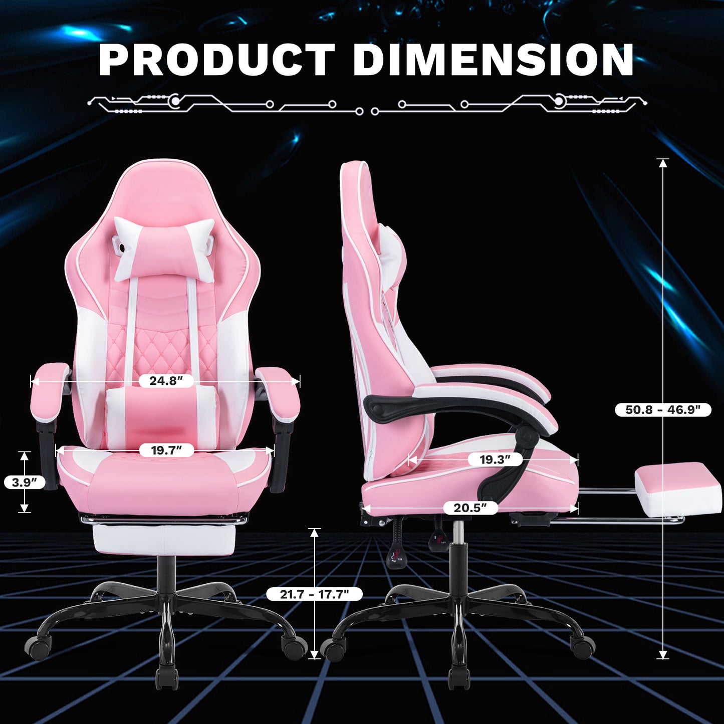 Ergonomic Gaming Chair with Massage Lumbar Support & Footrest - Pink & White