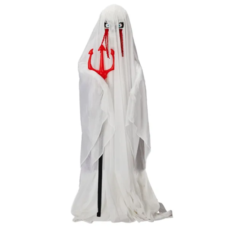 Life Size Animatronic Ghost Decoration with Trident - Sound Activated with Green Lights