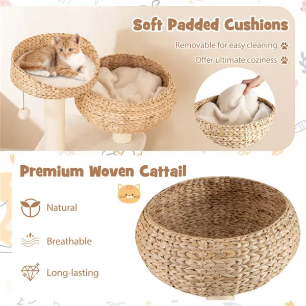 41 Inch Hand-Woven Water Hyacinth Cat Tree with Sisal Scratching Posts - Multi-Level Activity Center for Cats