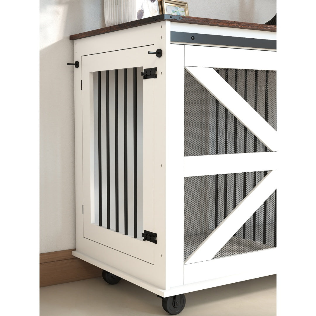 47.2-Inch Mobile Dog Crate with Flip-Top Feeding Door, Dual-Access & Casters