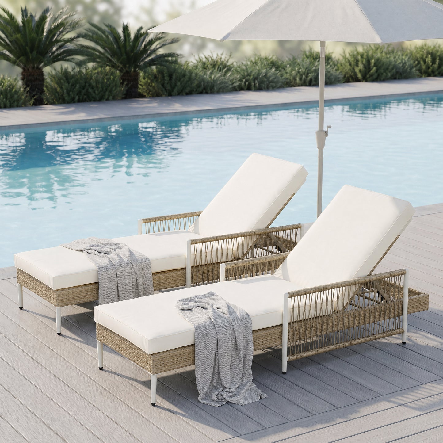 Outdoor PE Rattan Chaise Lounge - Set of 2, Beige