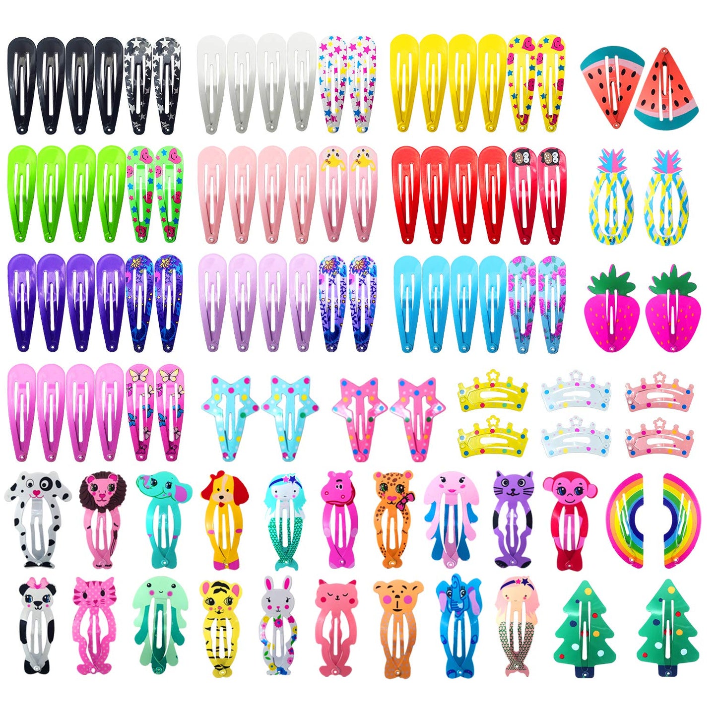 Kids & Women No Slip Metal Hair Clips Set - 100 Assorted Color Barrettes and Cartoon Designs