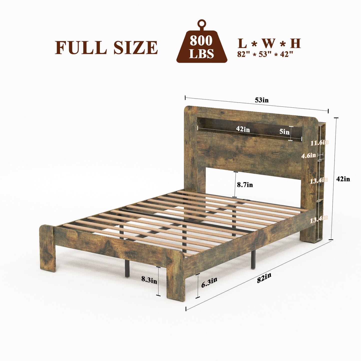 Wood Bed Frame with LED Headboard, USB Ports & Underbed Storage