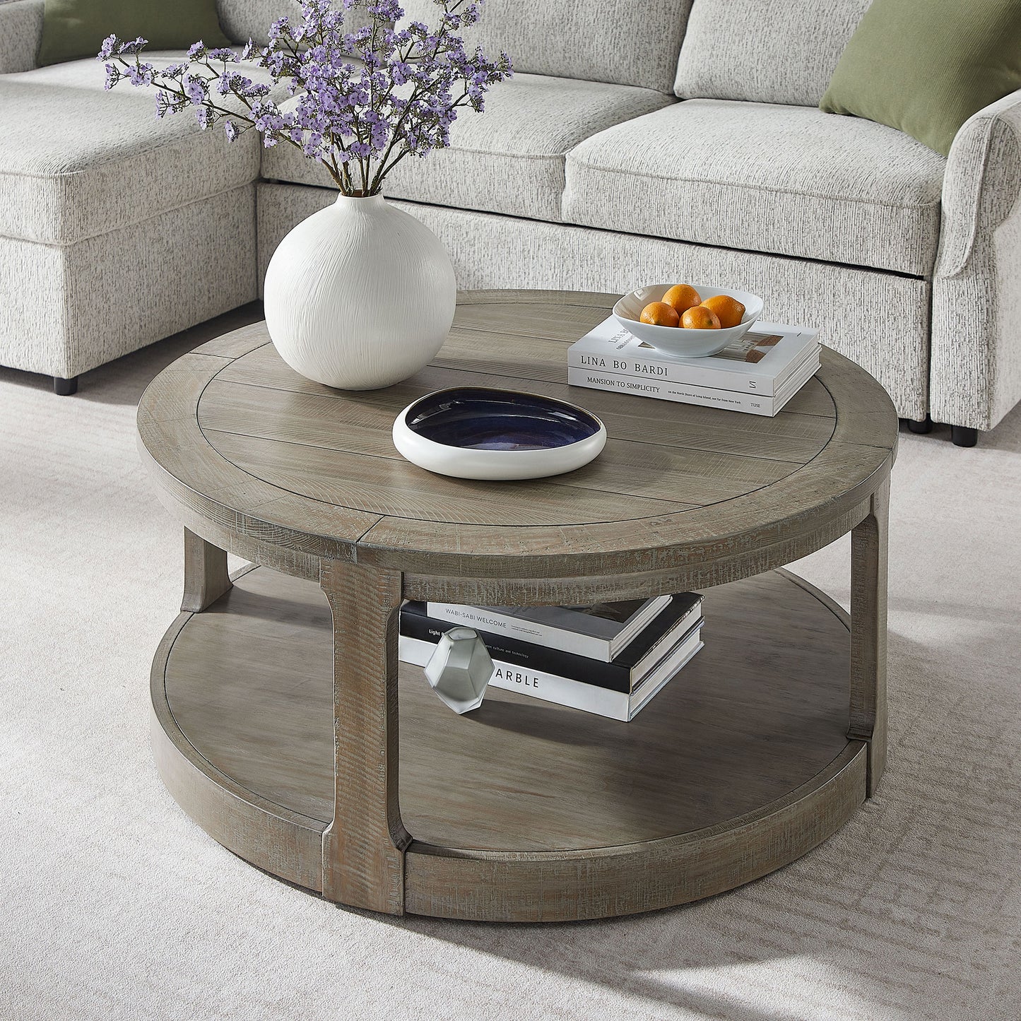 40-Inch Curved Round Wooden Coffee Table with Wheels - Light Brown
