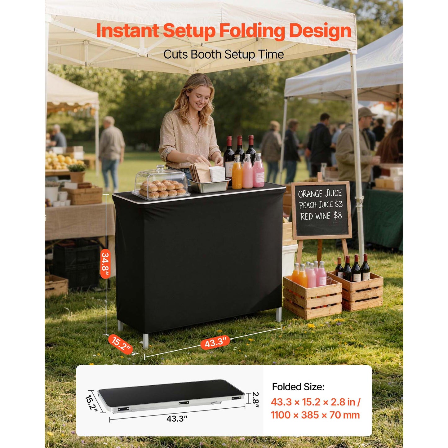 Foldable Portable Bar Table 43.3 x 15.2 x 34.8 Inches with Storage Shelves & Carry Bag