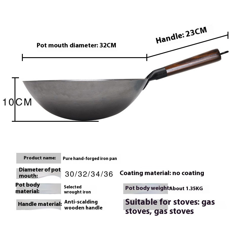 Non-Stick Frying Pan with Wooden Handle - Handmade, Uncoated, 30-36cm Variants