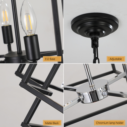 8-Lantern Farmhouse Chandeliers with Adjustable Height Black Iron Fixture