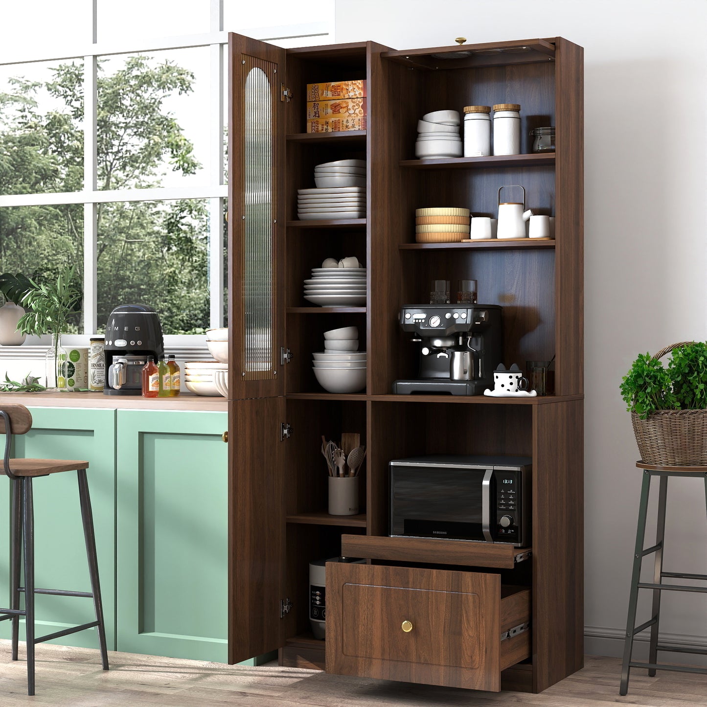 Walnut Kitchen Pantry Cabinet with Multi-Tier Storage Shelf