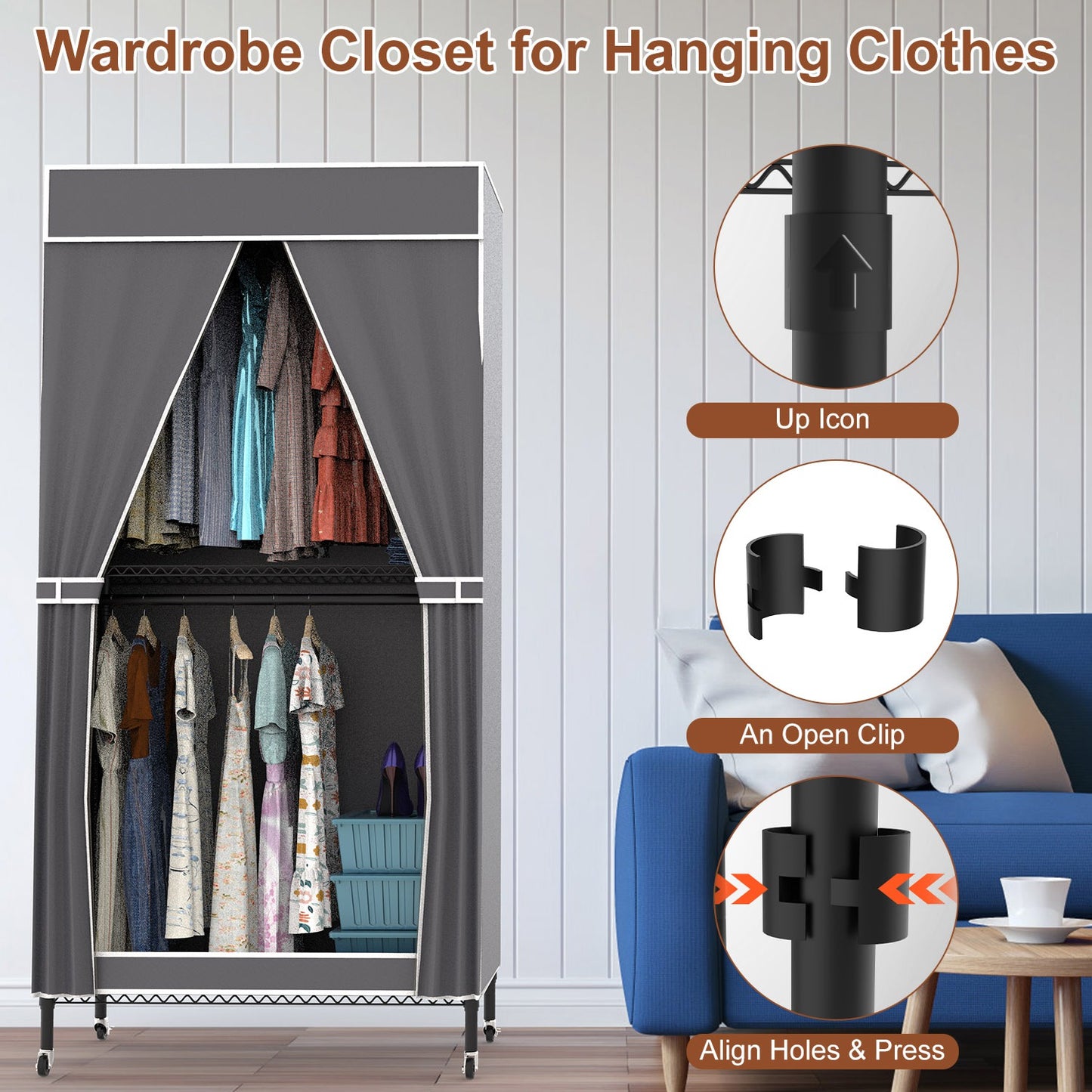 1Pc 2 Tier Foldable Clothing Rack With Cover Portable Wardrobe Closet