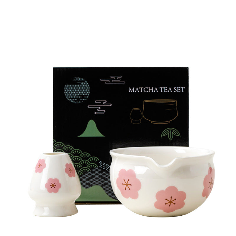Ceramic Matcha Bowl Set Japanese Style Flower Pattern Home Barware