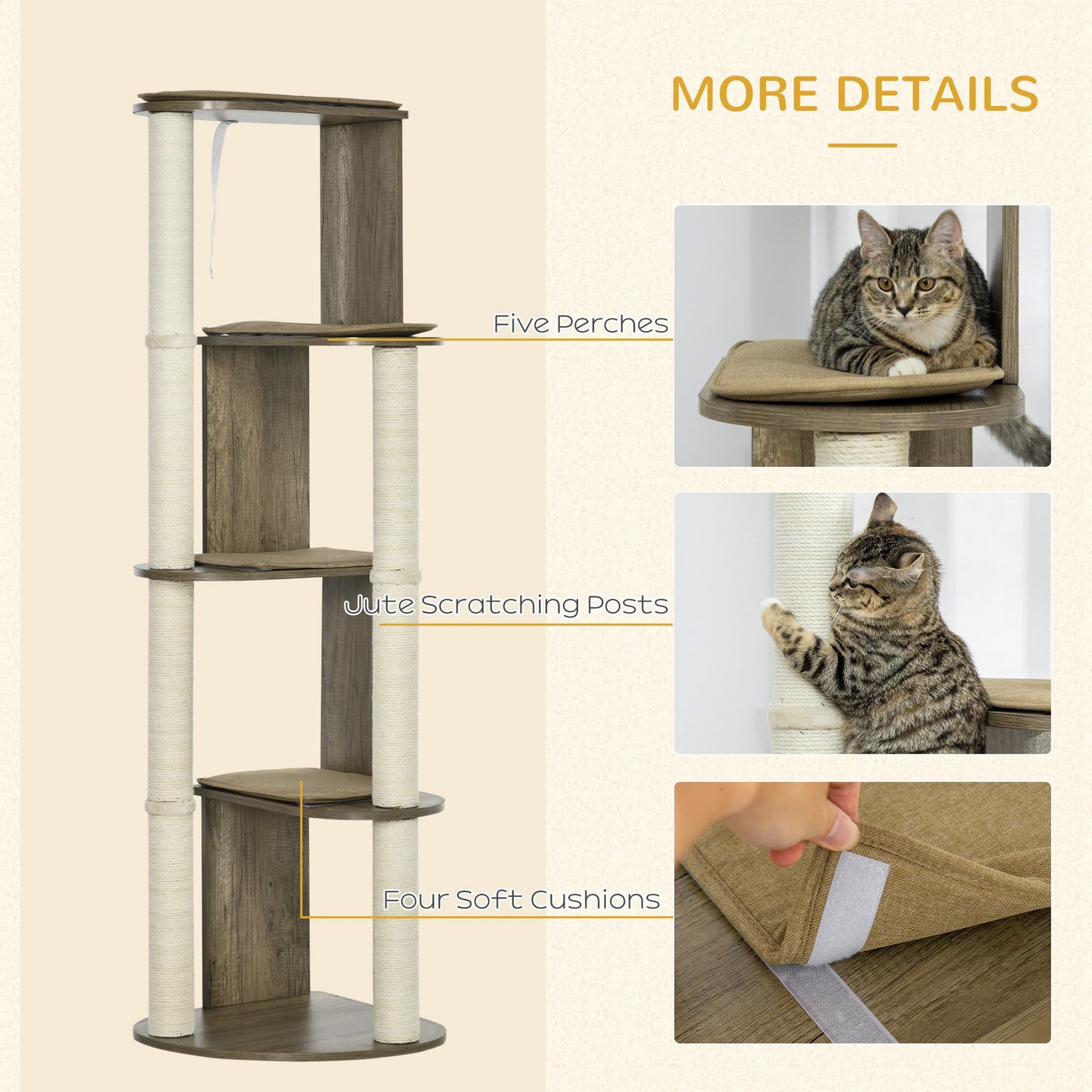 65-Inch Modern Corner Cat Tree Tower with Scratching Posts for Indoor Cats - Cream White