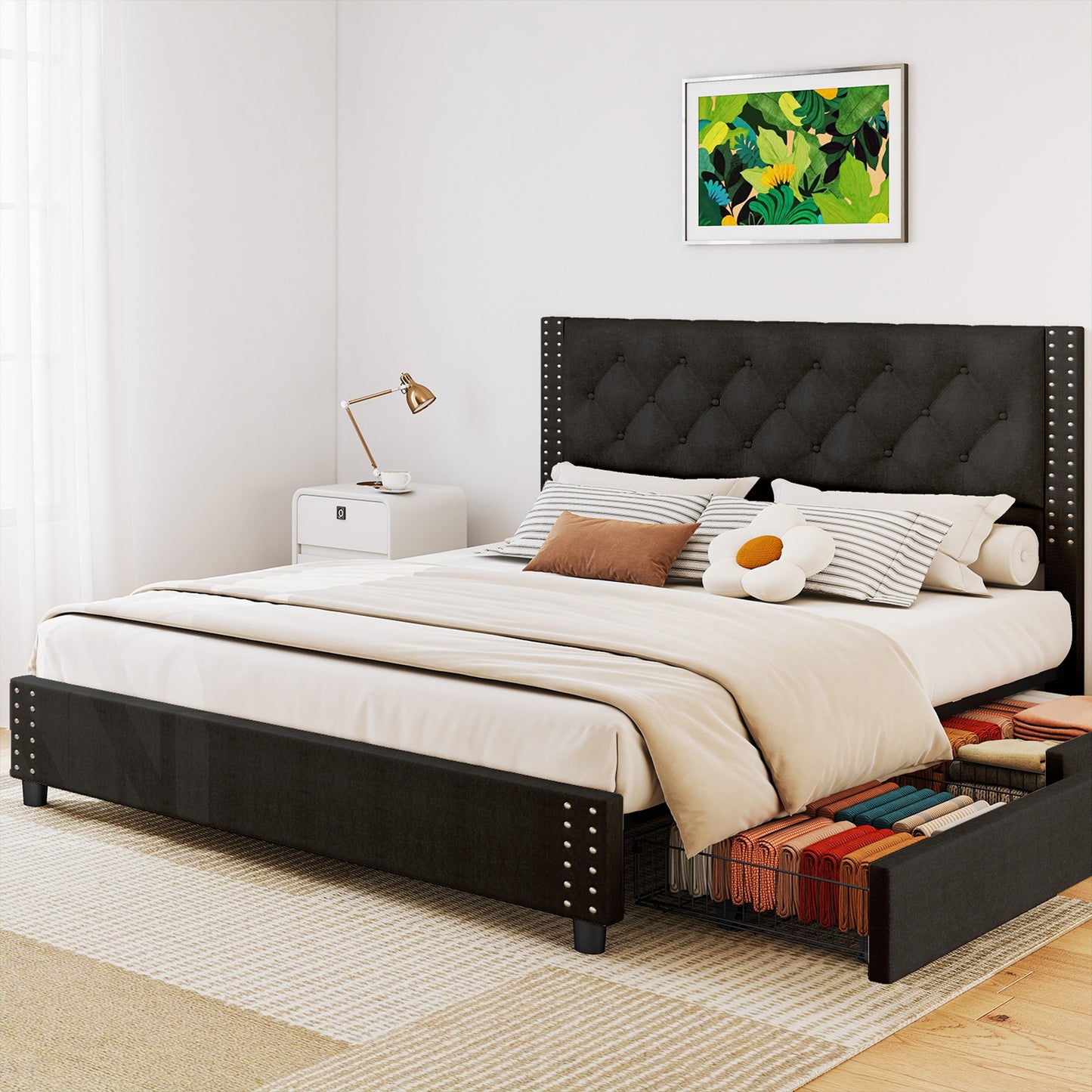 Queen Size Bed Frame With Upholstered Button Tufted Headboard Wood