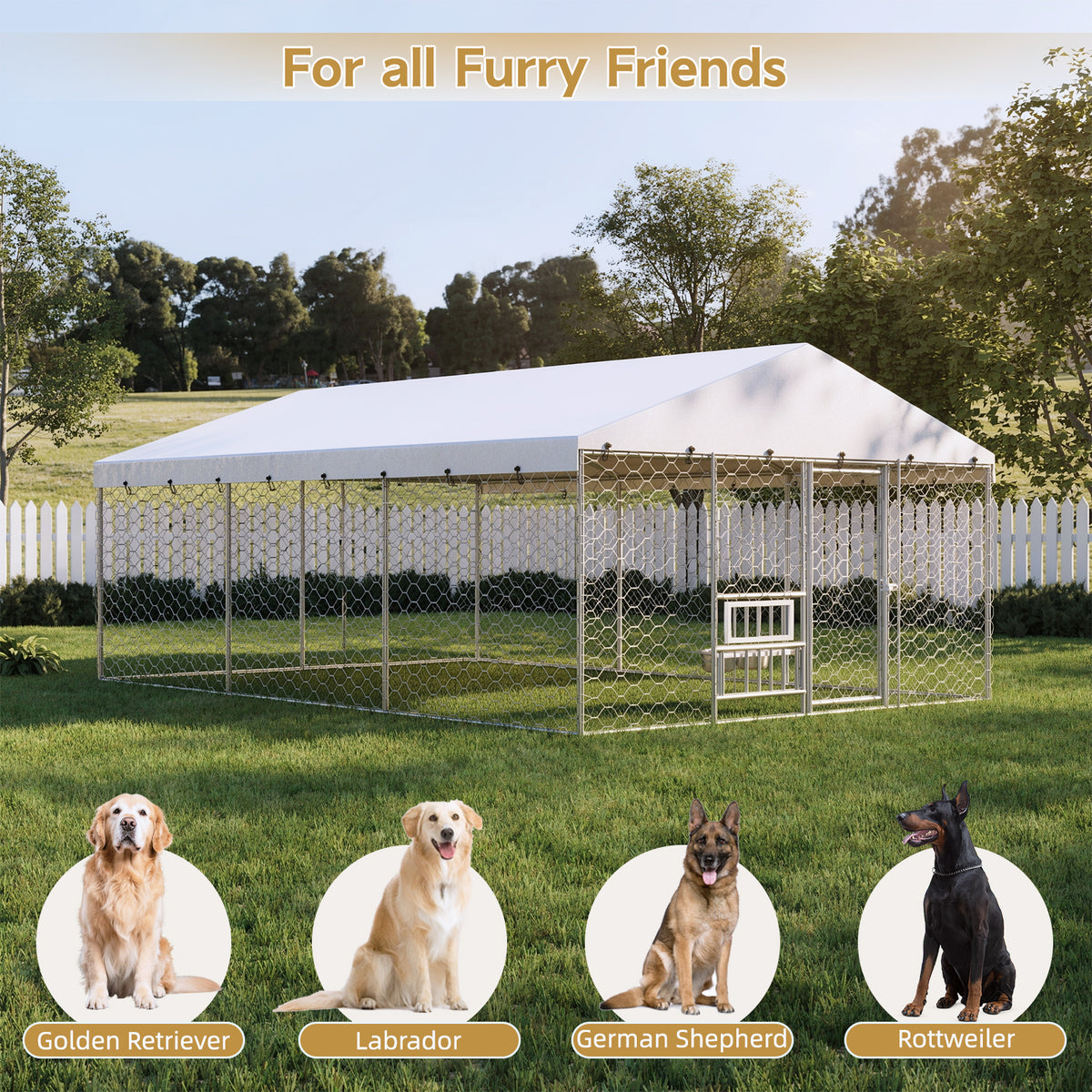 Large Outdoor Dog Kennel with Canopy - Heavy Duty Steel Frame, Waterproof Cover, Elevated Feeders, Escape-Proof Locking for Large Dogs