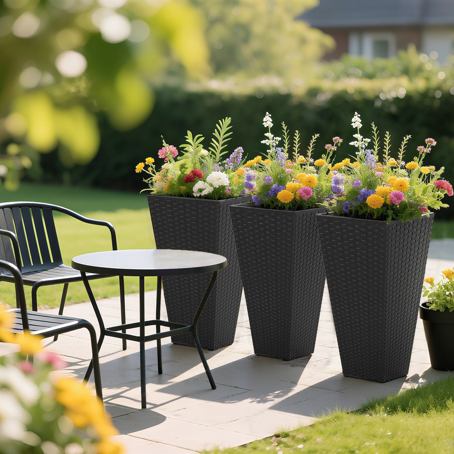 Set of 3 Tall Outdoor & Indoor Planters with Drainage Holes - Black, 24 Inches