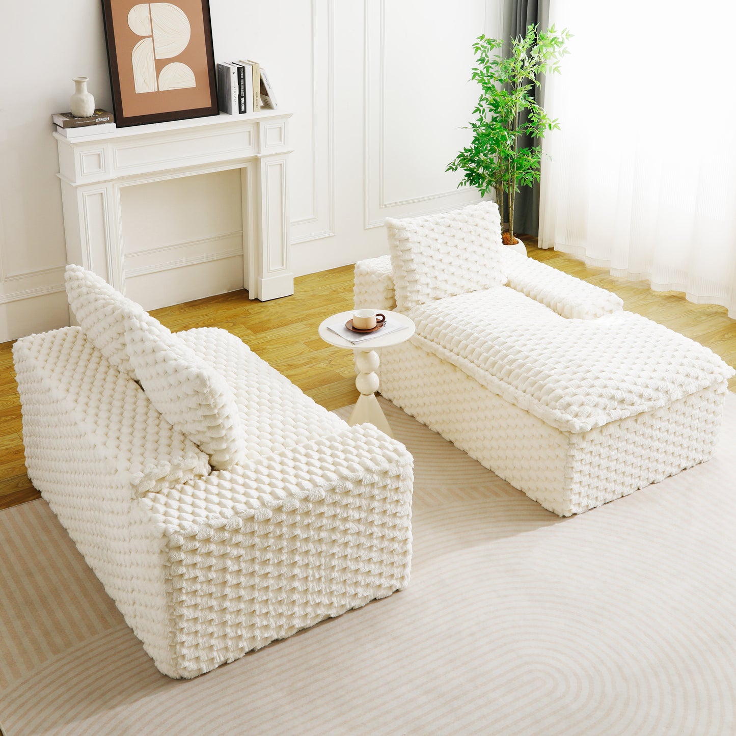 Convertible Twin-Seat Sofa with Right Chaise Lounge - White