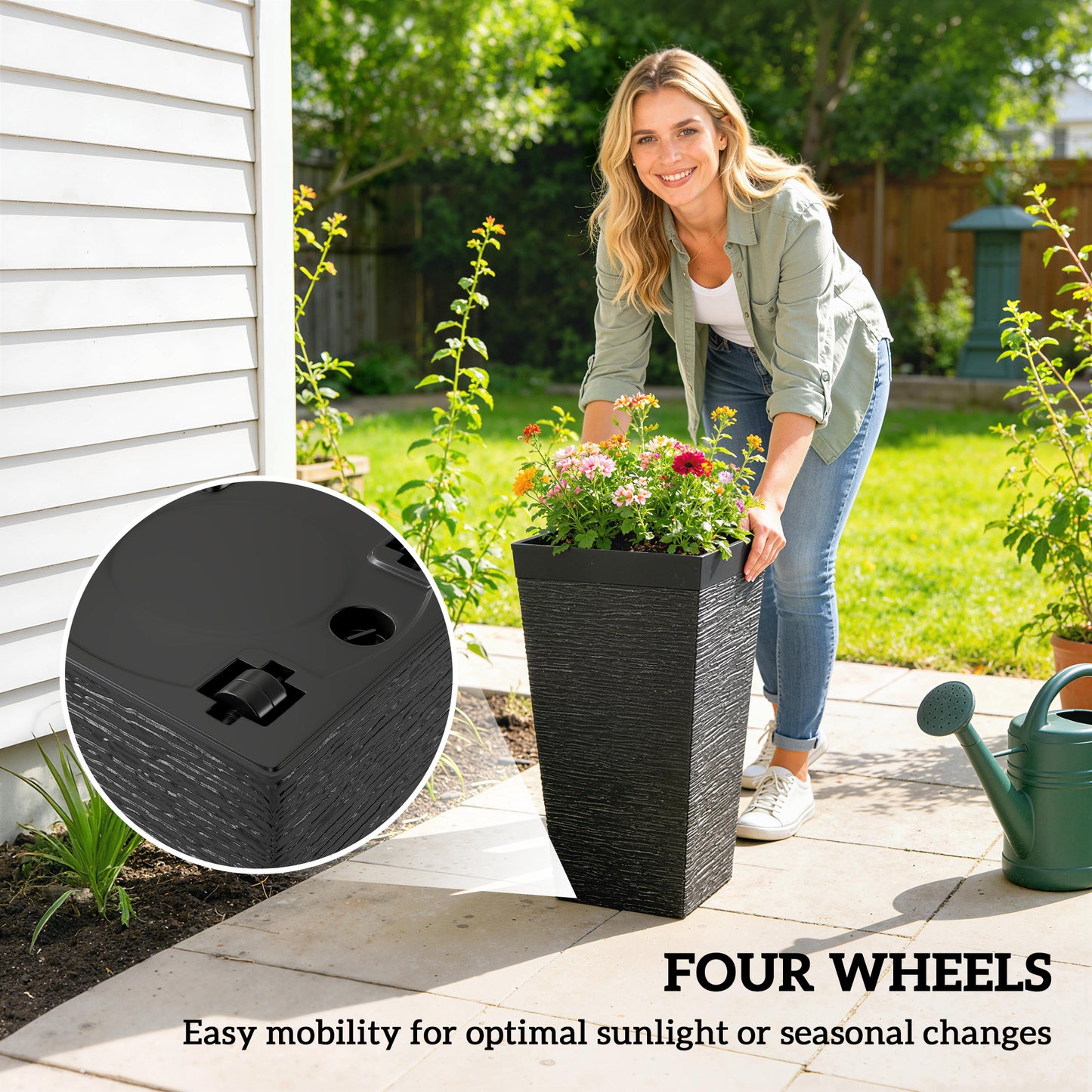 Set of 3 Outdoor Planting Pots with Wheels and Stone Finish - Stackable 22.8 Inch Black Garden Planters