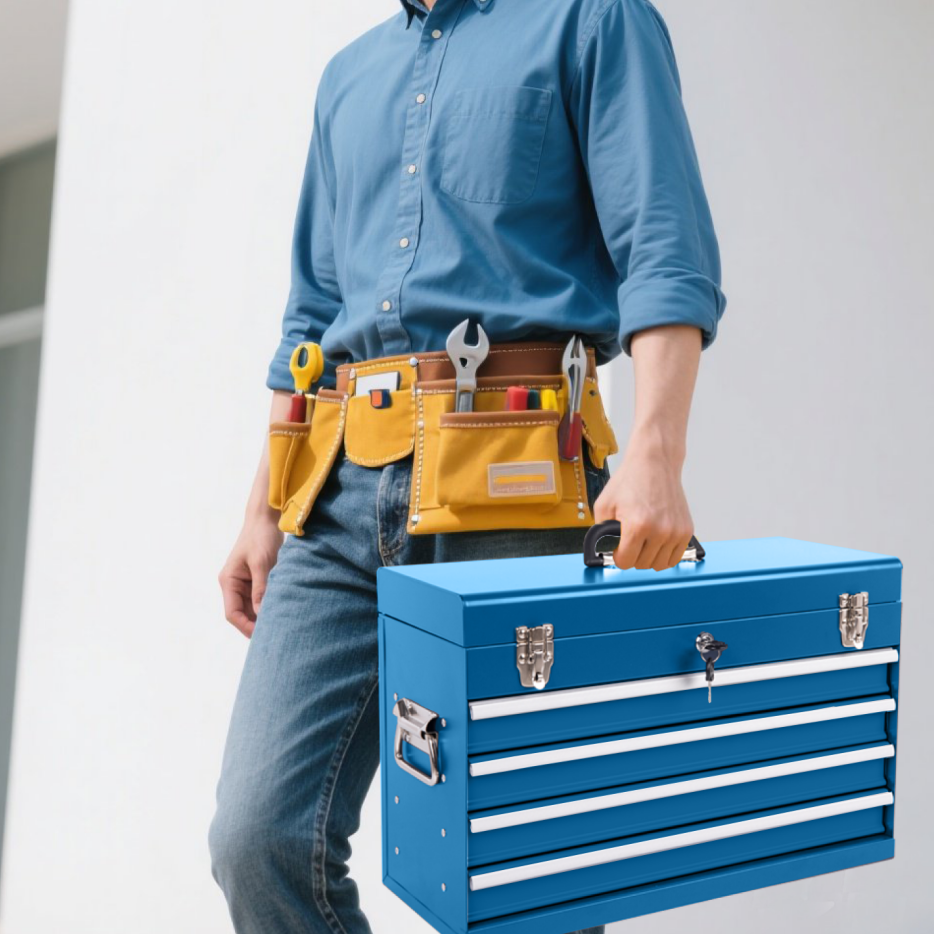 Heavy Duty Metal Tool Box with 4 Drawers - 21-inch Portable Steel Storage Chest, Locking & Powder Coated Finish, Blue