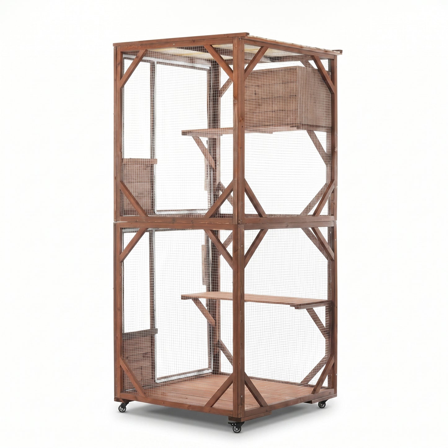 Outdoor Wooden Cat Enclosure with Lockable Wheels & Multi-Level Platforms, Weatherproof Fir Cat Cage