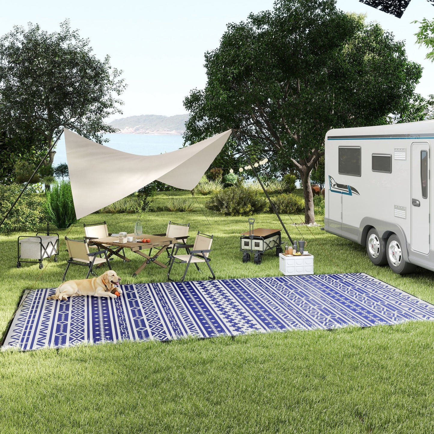 Reversible Outdoor Rug - Waterproof Plastic Straw, 9' x 18', Blue & White Geometric