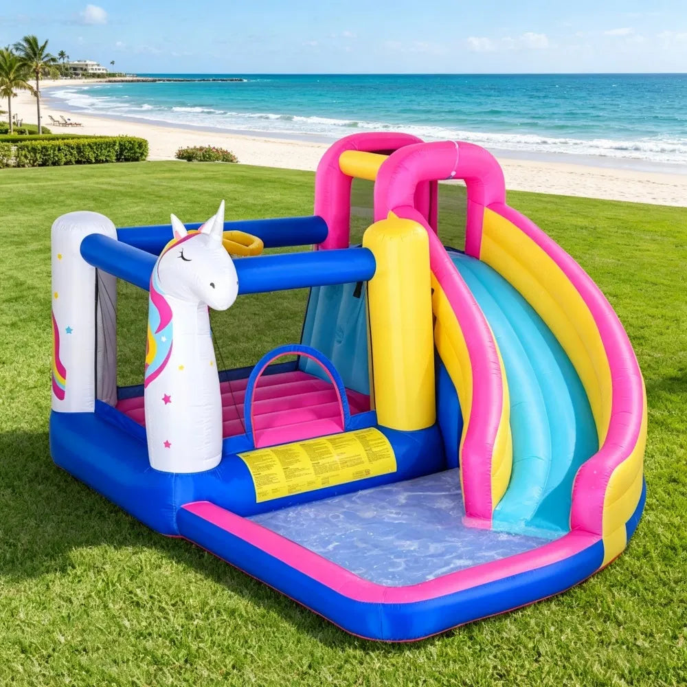 Unicorn Inflatable Bounce House with Slide & Pool - Ages 3-8