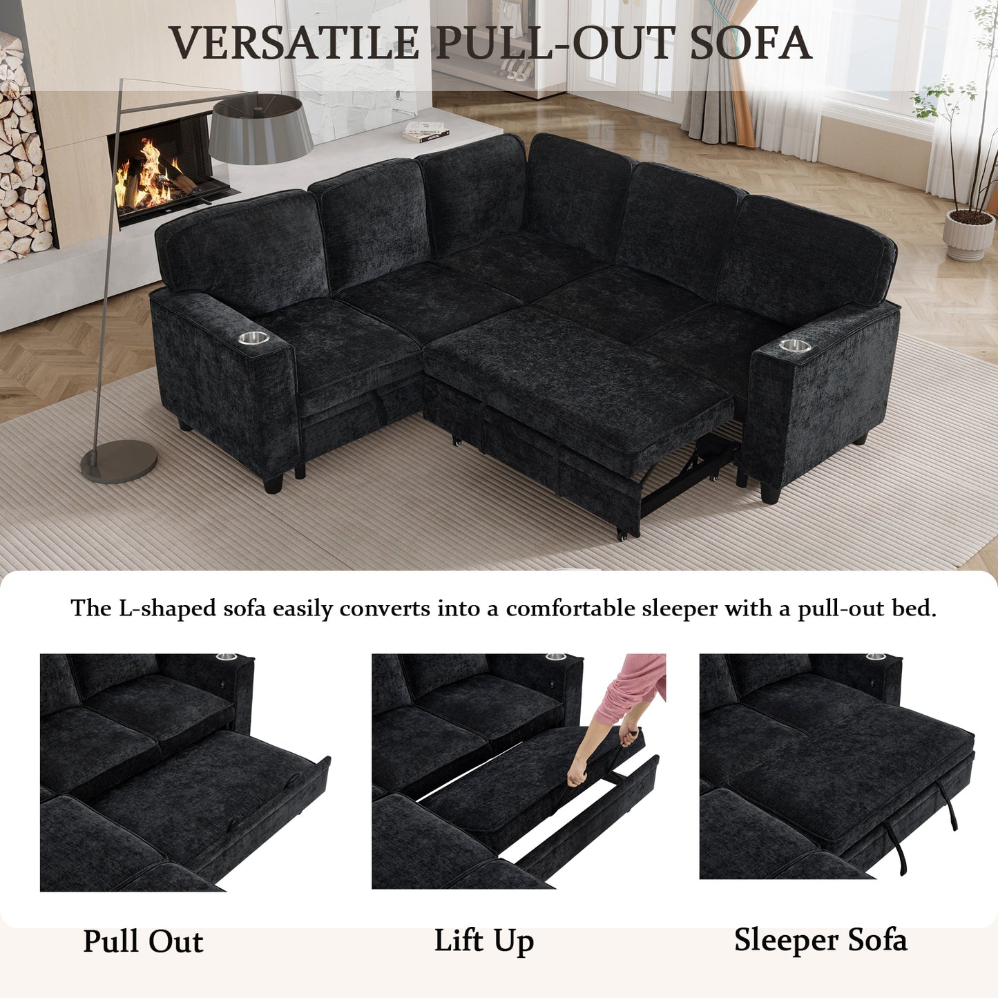 L-Shaped Sofa Bed with Storage & USB Ports - Charcoal Grey