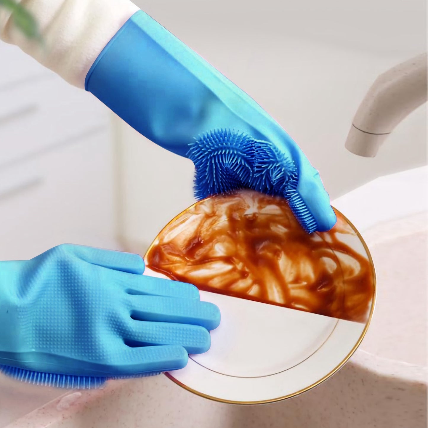 Silicone Dishwashing Gloves with Cleaning Sponge - Multi-Purpose