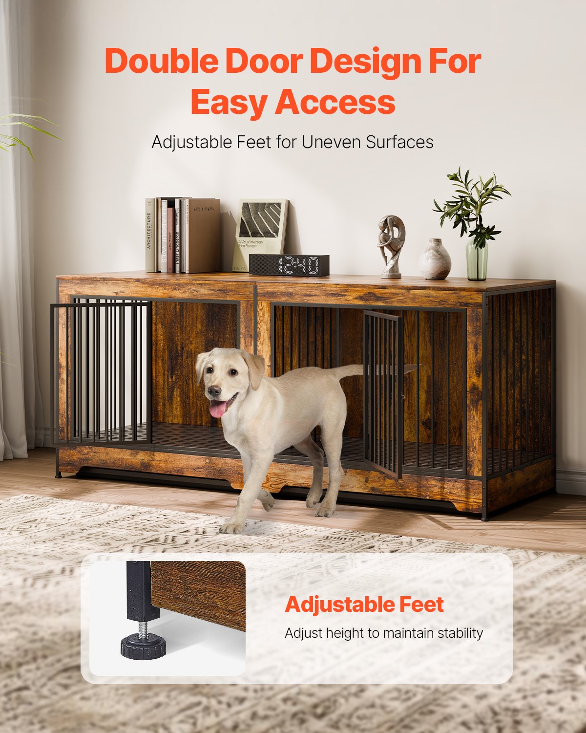 75 Inch Wooden Dog Crate Furniture with Divider & Tray - Indoor Pet Kennel