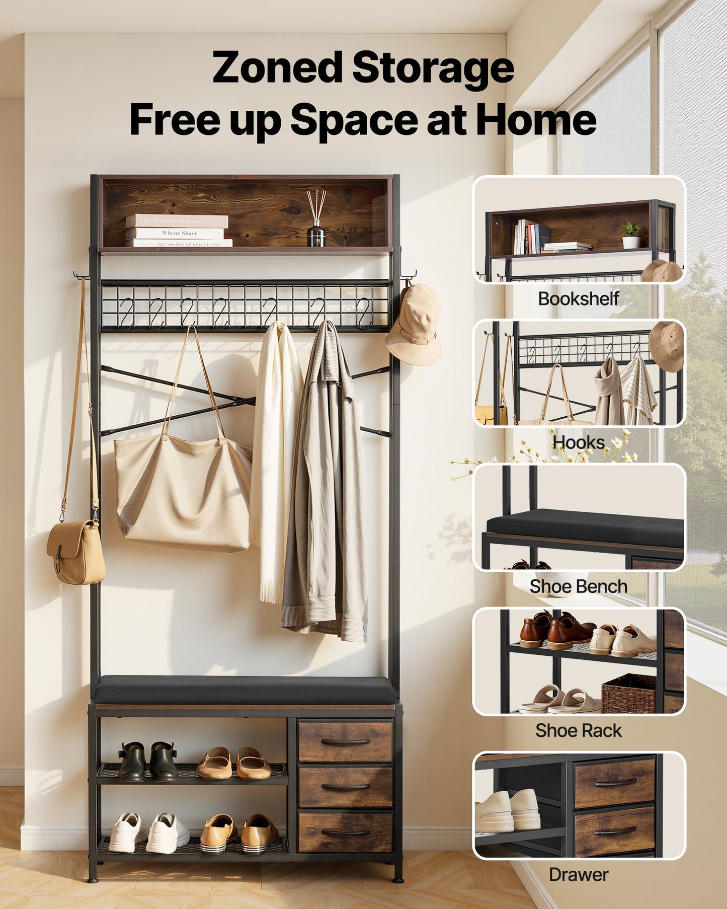 Multi-Functional Entryway Coat Rack with Shoe Bench and 3 Drawers - Black