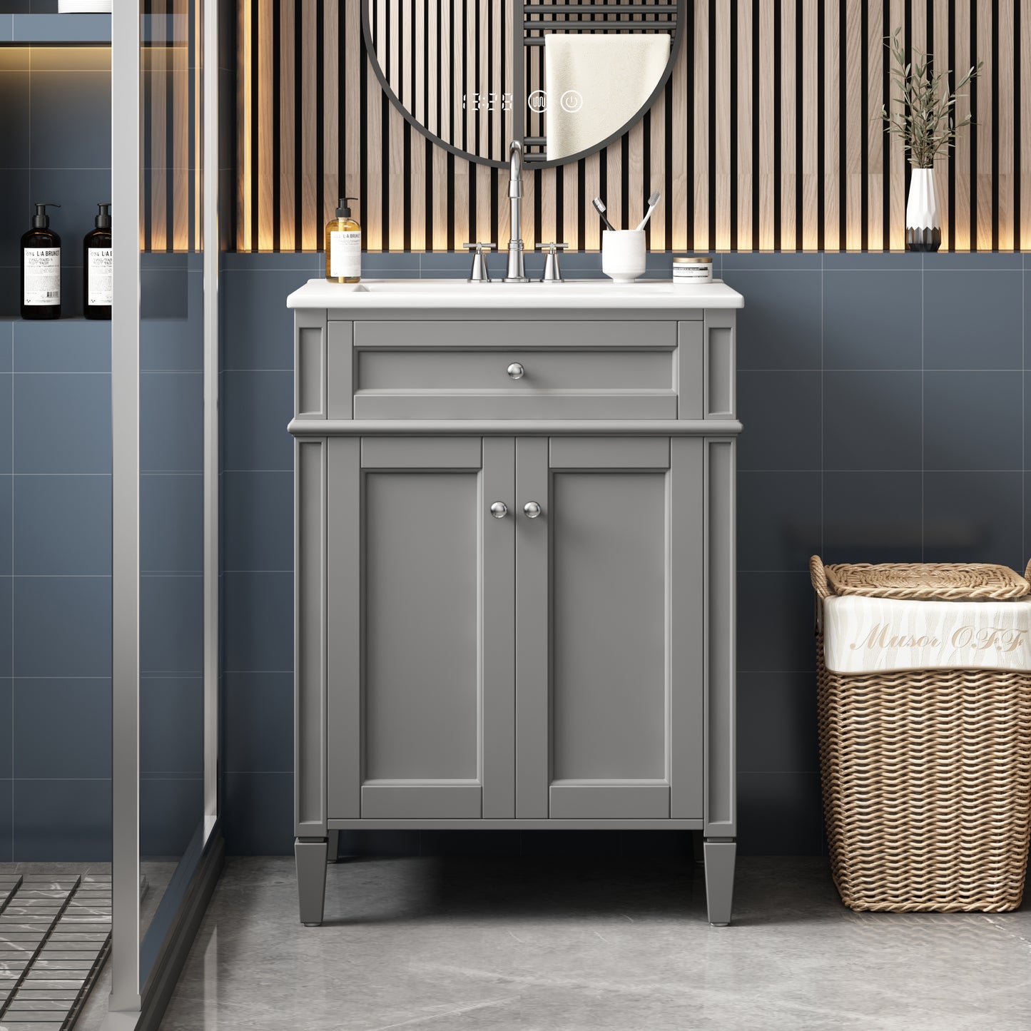 24-Inch Gray Bathroom Vanity with Soft-Closing Doors & Drawer