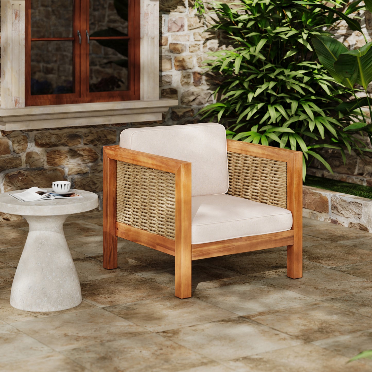 Acacia Wood Outdoor Club Chair with Wicker Armrests & Beige Cushions