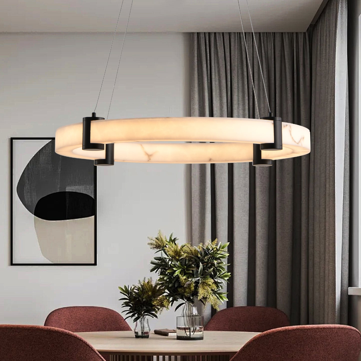 Modern LED Pendant Light 24-Inch Round Chandelier with Adjustable Height White